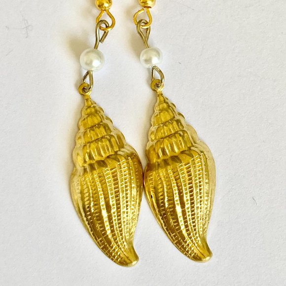 Vintage Conch Shell Pearl Earrings Gold Plated Dangle Sea Life Island Nautical - Picture 7 of 11